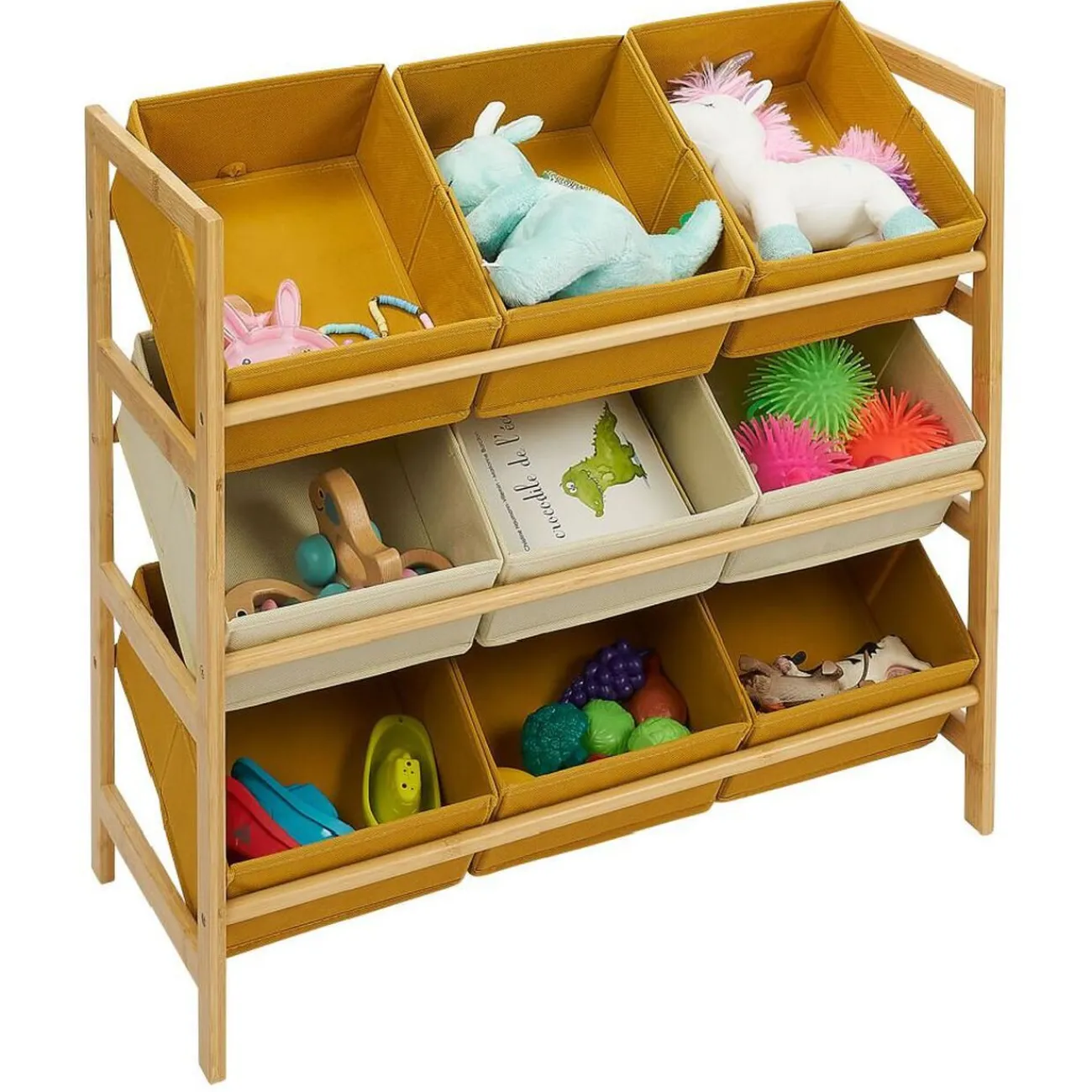 Gifi Rangement|Structure bambou avec 9 panières de rangement polyester 65xH60x27cm