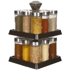 Gifi Support à épices noir 16 bocaux en verre et inox 2 étages