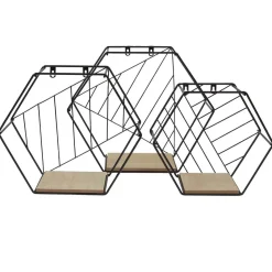 Gifi Rangement|Étagère courbe géométrique ajourée métal noir et bois x3