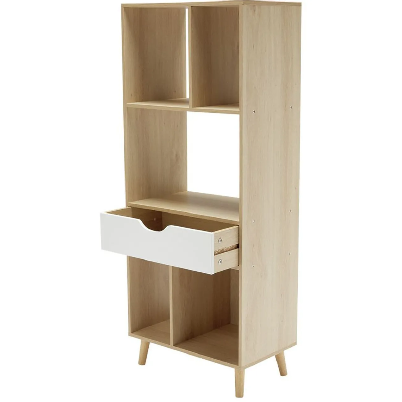 Gifi Rangement|Étagère sur pieds 5 compartiments 1 tiroir blanc naturel