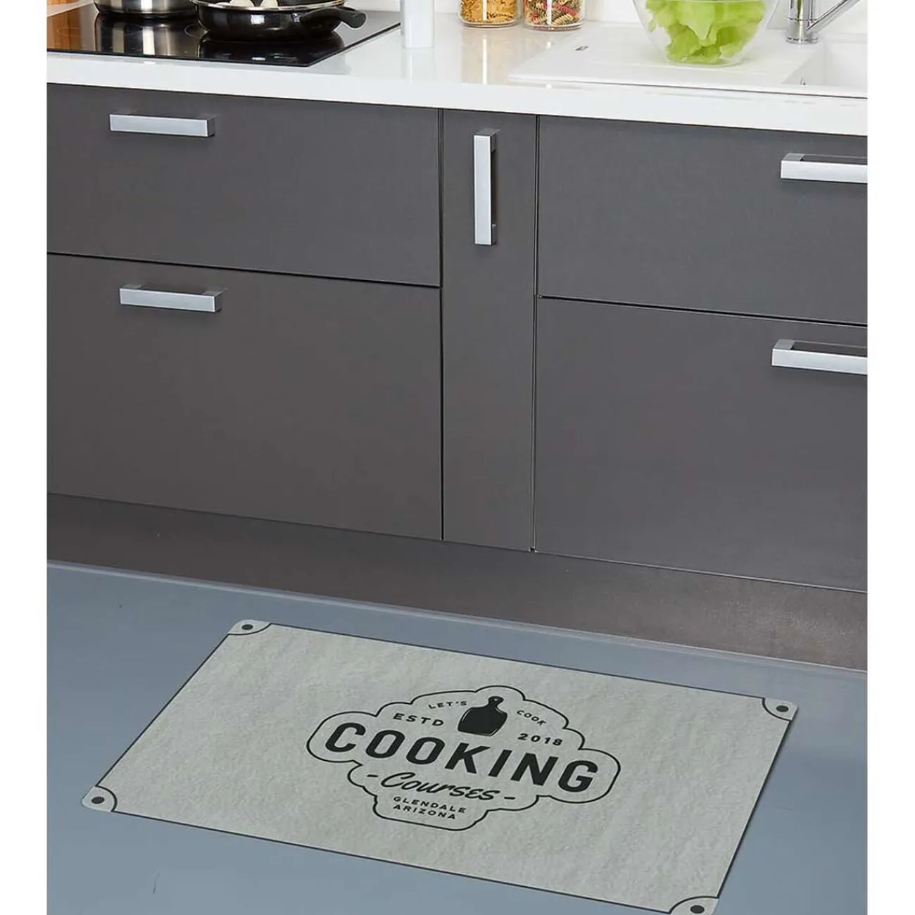 Gifi Nettoyage Et Entretien|Tapis de cuisine gris polyamide décor Cooking courses 80x50 cm