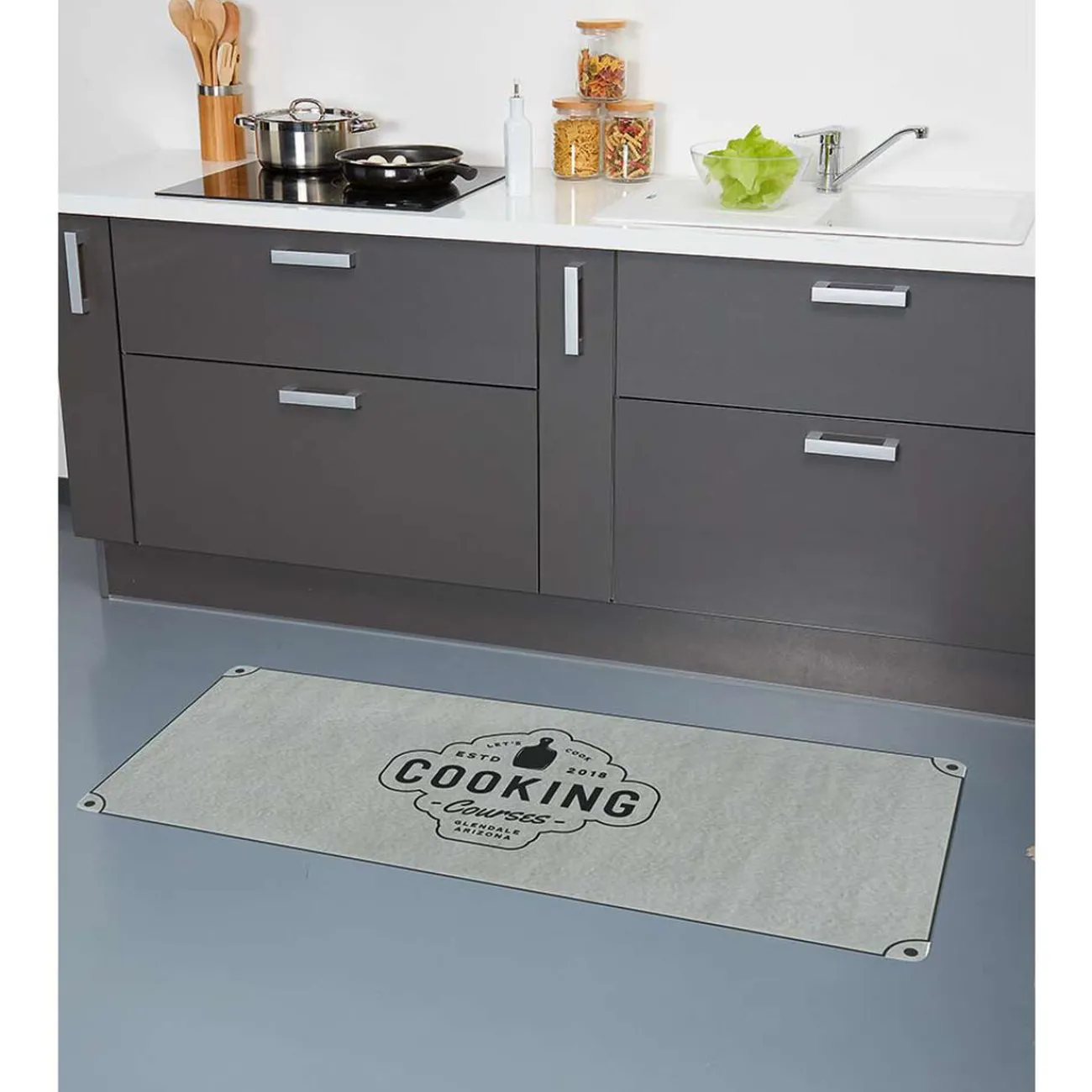Gifi Nettoyage Et Entretien|Tapis de cuisine gris polyamide décor Cooking courses 120x50 cm