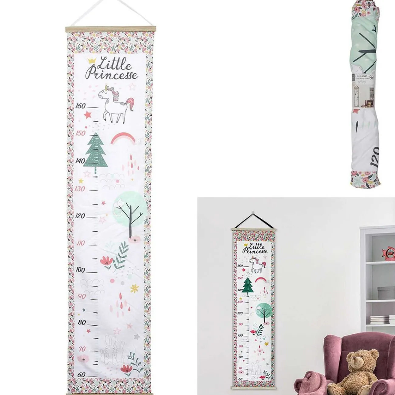 Gifi Rangement|Toise tissu fille Little Princesse blanc et rose 60 à 160cm