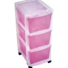 Gifi Rangement|Tour de rangement sur roulettes 3 tiroirs blanc transparent et rose