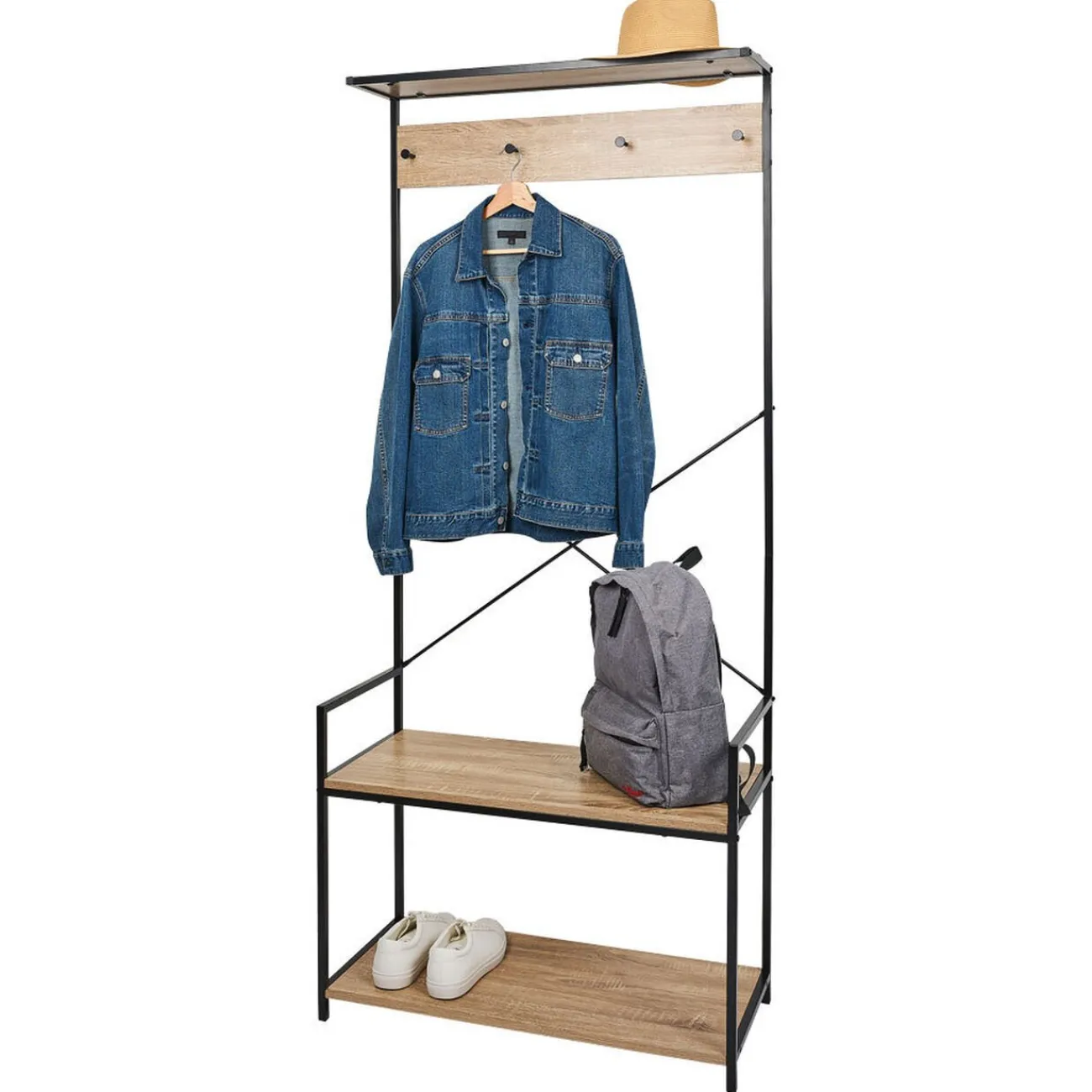 Gifi Rangement|Vestiaire métal et bois 4 crochets 2 niveaux 1 étagère